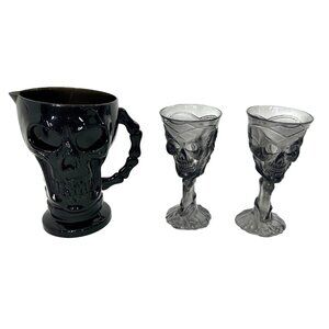 Halloween Black Skeleton Pitcher 2 Goblets Serveware Bar Dining Party Decoration
